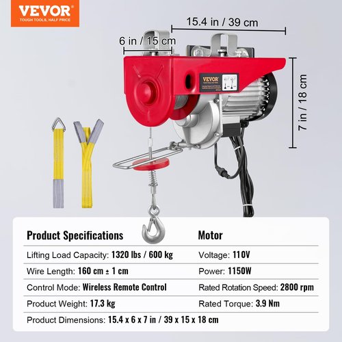 VEVOR 1320lbs Wireless Electric Hoist, 1150W 110V Electric Steel Wire Winch with Wireless Remote Control, 40ft Single Cable Lifting Height & Pure Copper Motor, for Garage Warehouse Factory