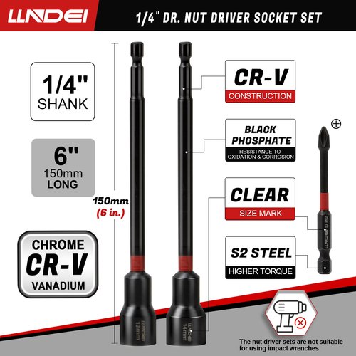 LLNDEI 1/4" Drive Socket Set & Nut Driver Set 44PCS, 1/4-Inch Sockets Deep&Shallow Metric(4-15mm) with Ratchet, 1/4" Hex Shank 6" Long Nut Drivers(6-14mm) for Impact Drill Bits(PH1 PH2)