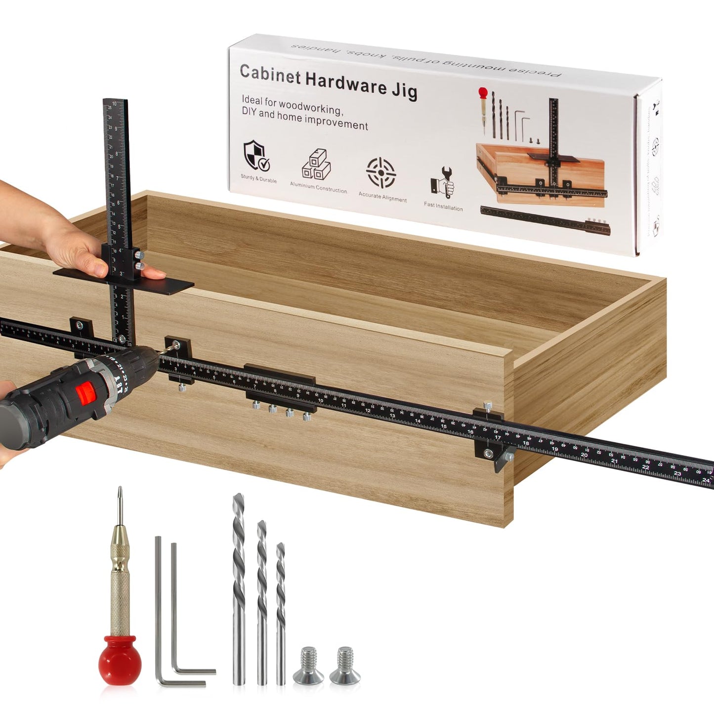 PRO Cabinet Hardware Jig, 32-inch Detachable Cabinet Handle Jig with Auto Center Punch, Aluminum Alloy Cabinet Handle Template Drill Guide, Cabinet Pull Jig for Handle Knob Pull, Drawer/Door