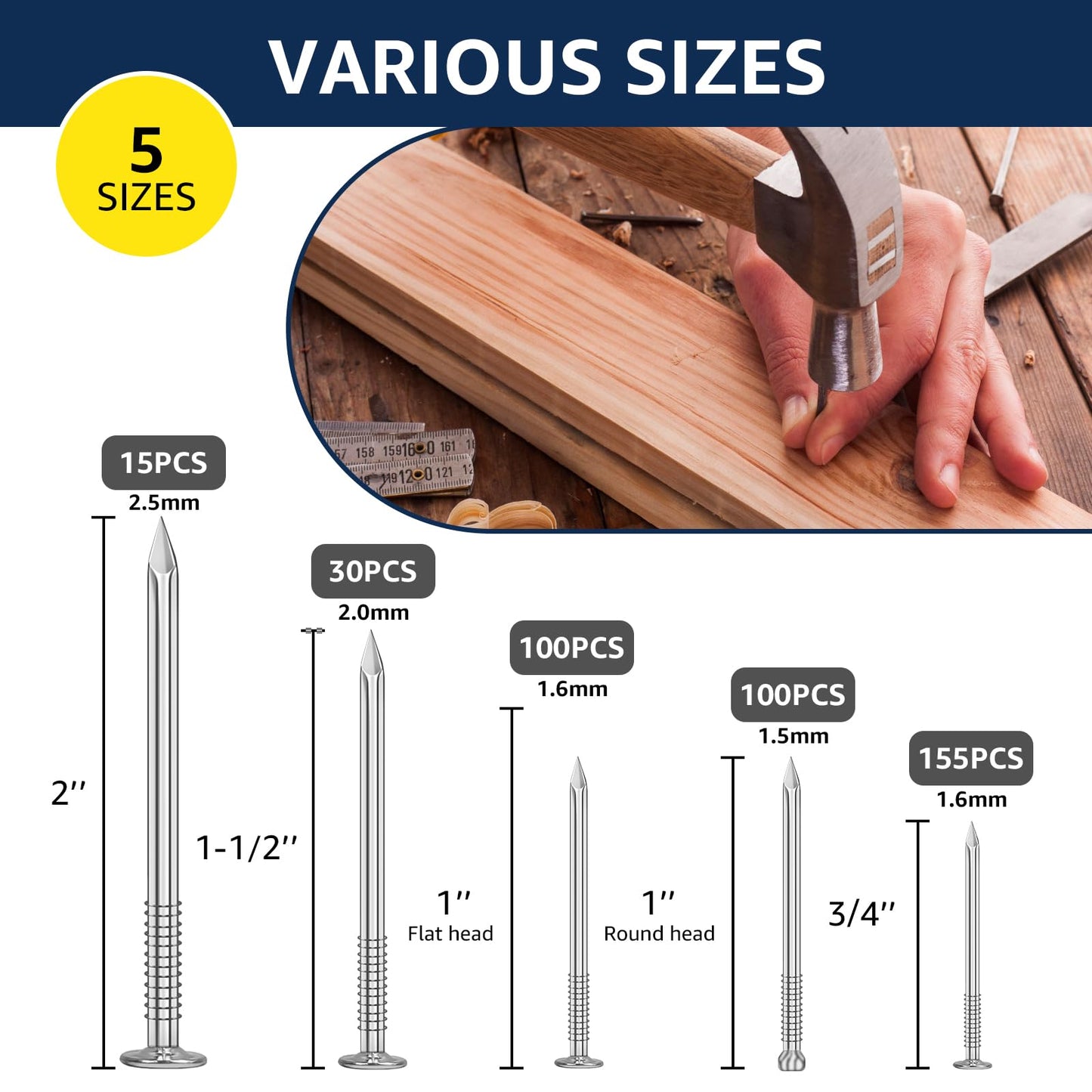 400PCS Nails for Hanging Pictures Hanging Nails for Wall Art Heavy Duty up to 2" Long, 5 Sizes Wall Nails for Hanging Small Nails Wood Nails Finish Nails Flat head Nails with Storage box