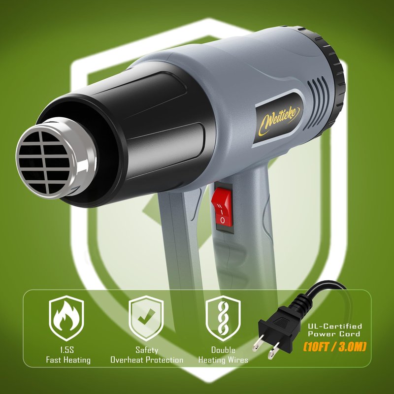 Weitieke Heat Gun, 10Ft power cord Heavy Duty Hot Air Gun 572&1112℉ Dual Temperature Control 4 Nozzels & Paint Scraper Overload Protection for Paint Stripping,Crafting, vinyl wrap