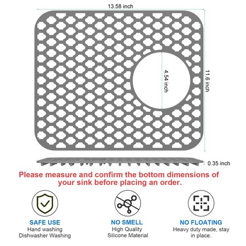 TOOVEM Kitchen Sink Mats, 2PCS Non-Slip Heat Resistant Silicone Sink Protector Mat, Folding Farmhouse Rear Drain Sink Mats, Side Drain, Grey