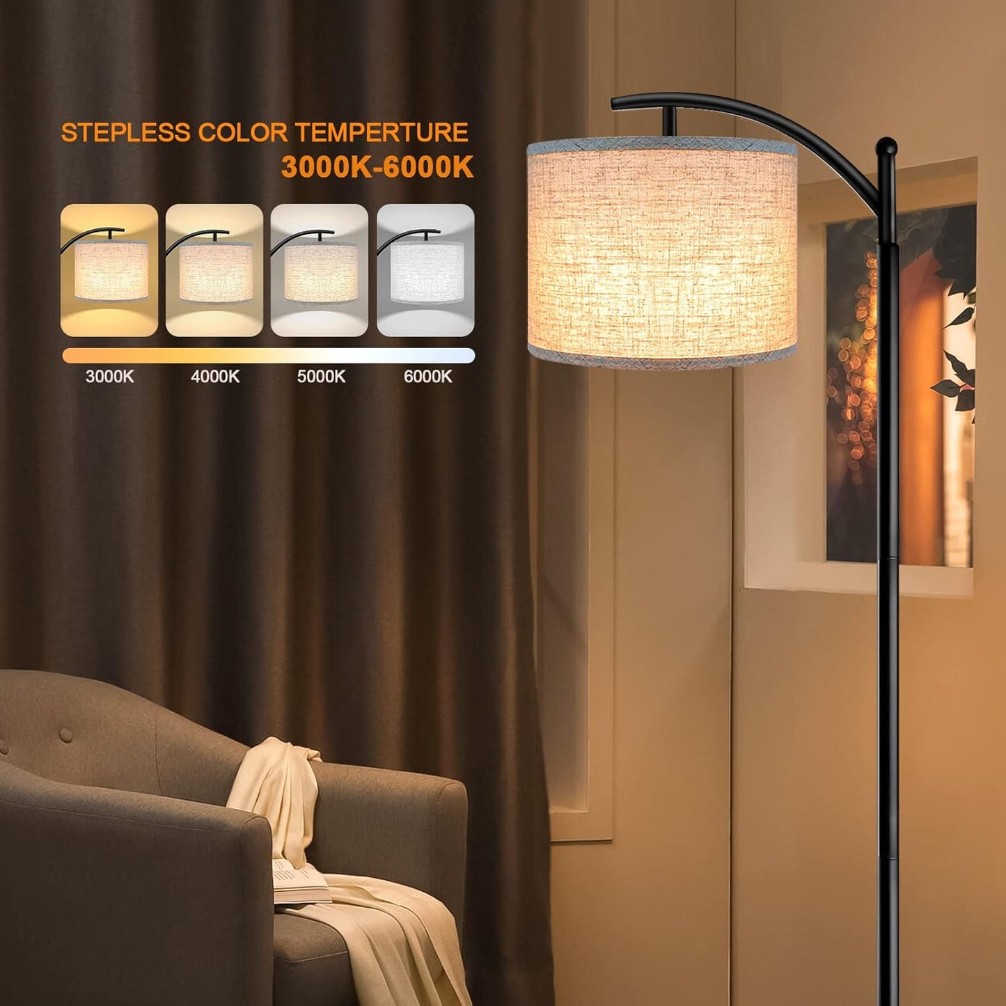 ROTTOGOON Floor Lamp for Living Room with 3 Color Temperatures LED Bulb, Standing Lamp Tall Industrial Floor Lamp Reading for Bedroom, Office (9W LED Bulb, Beige Lampshade Included) -Black