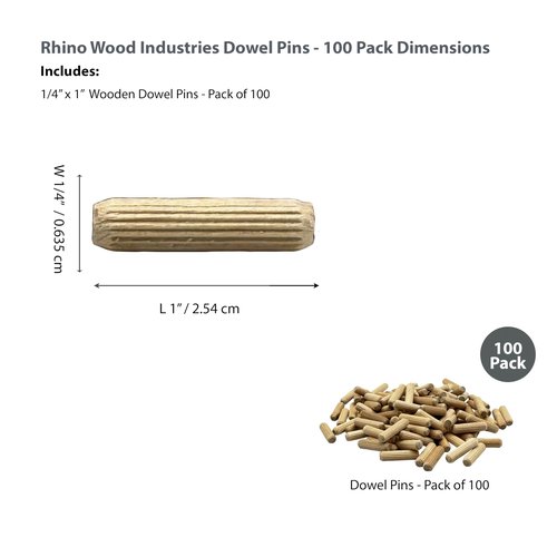 Rhino Wood Industries - 1/4" x 1" - 100 Pack Wooden Dowel Pins - Kiln Dried, Fluted, and Beveled (1/4" x 1", 100pk)
