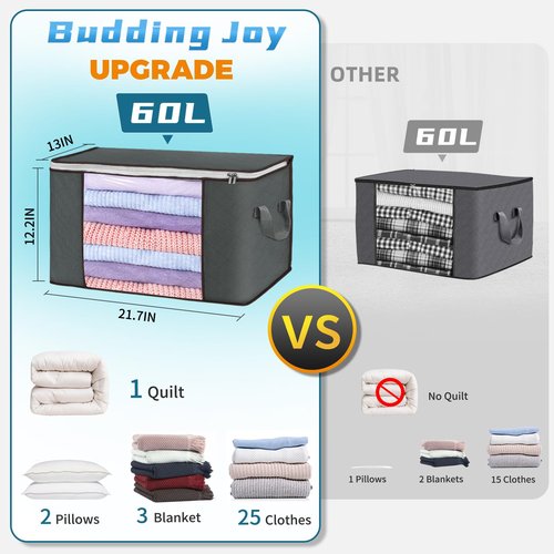 Budding Joy Clothes Storage, Foldable Large Blanket Storage Bags with Zippers, Storage and Organization for Clothing, Comforter, Bedding, Toys, Closet Organizers with Enhanced Handle, 60L 6 Pack Gray