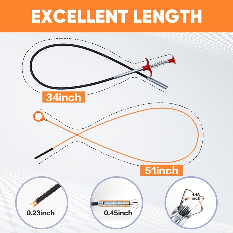 Comfycheer 51inch Drain Hair Remover(6pack),34inch Drain Clog Remover(1pack),Drain Auger Cleaner Tool Set For Toilet, Kitchen Sink, Bathroom Tub, 7 Pack