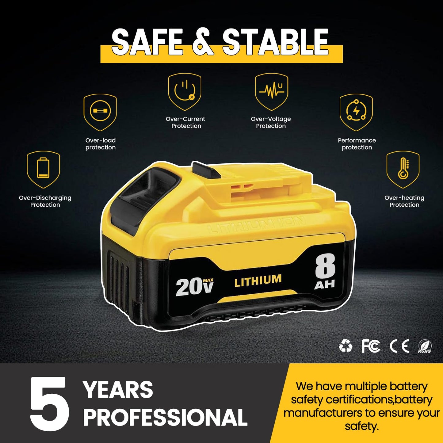 DCB200 8.0Ah Replacement for dewalt 20v max Battery Lithium-ion Batteries DCB200 DCB201 DCB203 DCB204 DCB206 DCB180 DCD/DCF/DCG Series Cordless Tools with LED Indicator 2Packs