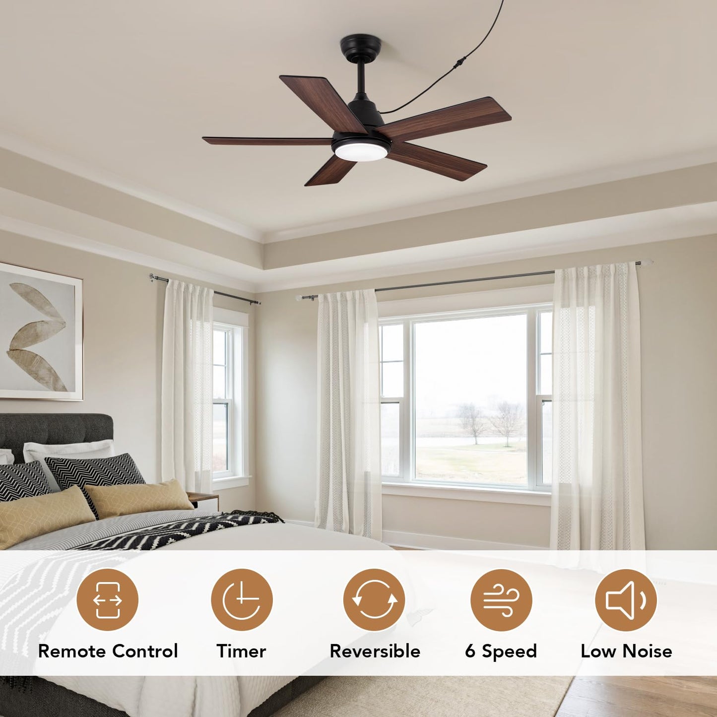 SPACORA 42 Inch Ceiling Fan with Light, Black Ceiling Fans with Lights and Remote/APP, 3CCT, Noiseless DC Motor, Waterproof Plug in Ceiling Fan for Bedroom, Living Room, Patio, Indoor/Outdoor Use