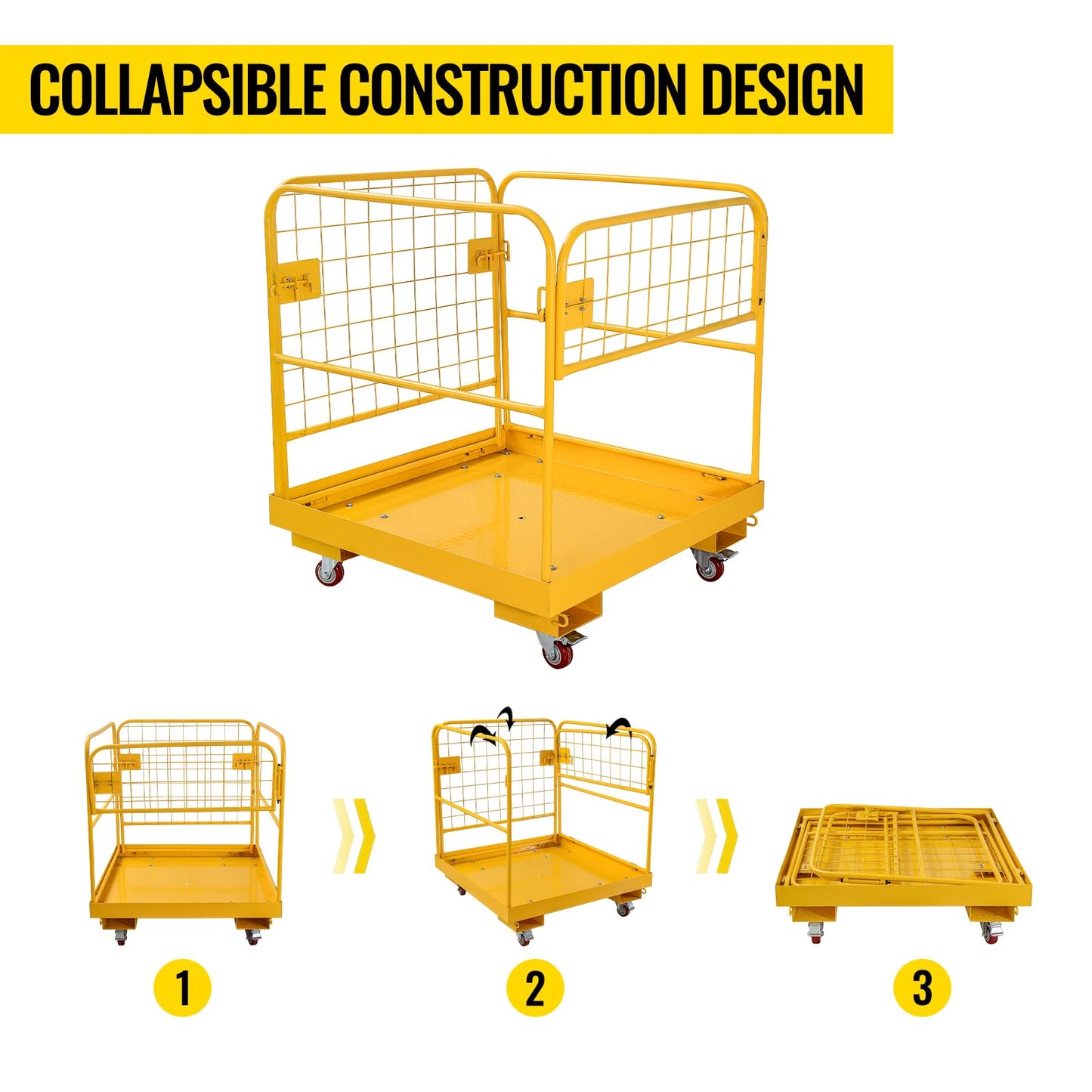 KODOM Forklift Safety Cage 36''x36'' Heavy Duty Steel Forklift Work Platform 1150LBS Capacity with 4 Universal Wheels Collapsible Lift Basket Aerial Rails Aerial Platform, Yellow