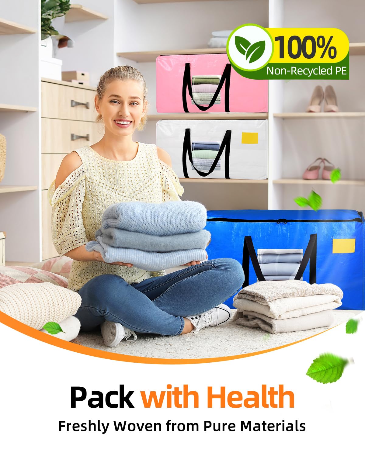 AdeaBag Extra Large Moving Bags, 4 Pack Heavy Duty Storage Bags Boxes Bins Totes with Hnadles Zippers Visible Window for Clothes College Dorm Travel, Blue