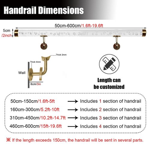 Clear Acrylic Handrails for Indoor Stairs - 3ft/4ft/5ft/6ft/8ft/10ft/12ft/14ft/20ft Non-Slip Transparent Crystal Staircase Handrail(Gold Bracket,250cm(8.2ft))