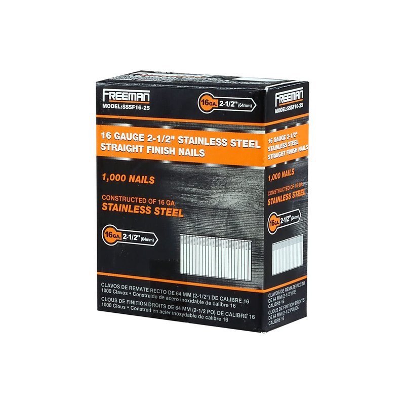 Freeman Stainless Steel Straight Finish Nails | 16 Gauge | 2-1/2" | Glue Collated | 1,000 Count | Indoor & Outdoor | Trim, Moulding, Cabinetry, Furniture Construction, Door & Window Casing | SSSF16-25