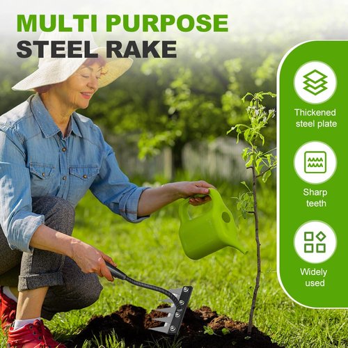 Iron Weeding Rake 2.0, 2025 New 5/6/7/8 Teeth Carbon Steel Garden Weeder Rakes, Iron Rake for Yard Lawn and Garden, Heavy-Duty Garden Hand Weeder Puller Tool for Gardening and Weedings (5 Teeth)