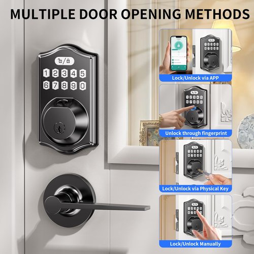keyless Entry Door Lock deadbolt with Handle Set- Front Door Fingerprint Smart Locks with 2 Lever Handles-Electronic Keypad Code Deadbolt -App Control, Digital Password,Auto Lock,Easy to Install