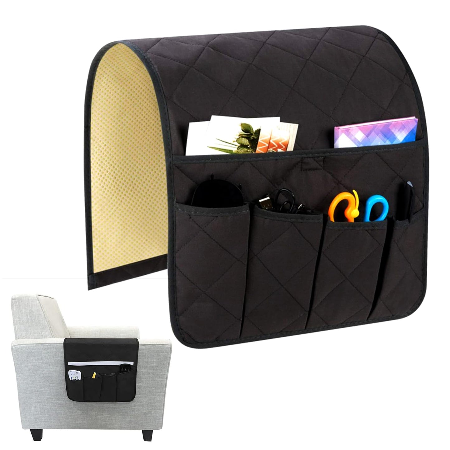 Whyzsjnclg Couch Armrest Remote Control Holder, Armchair Caddy, Non-Slip Sofa Armrest Organizer with 5 Pockets for Recliner Couch Sofa Chair, Phone, Book, Magazines