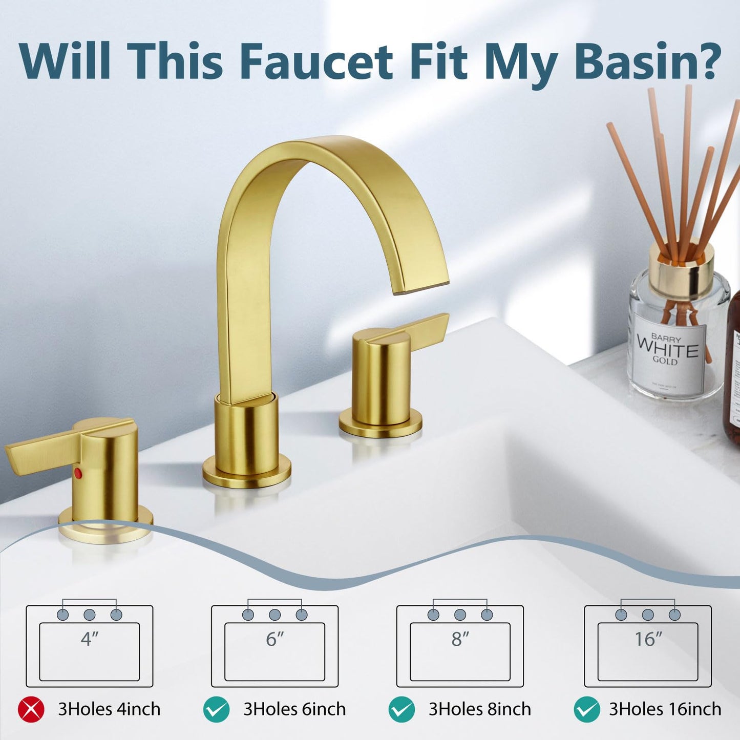 Aolemi Waterfall Bathroom Faucets 3 Hole 8 Inch Widespread Bathroom Sink Faucet 2 Handles with Pop-up Drain and Supply Hose Suitable for Vanity RV Restroom Brushed Gold