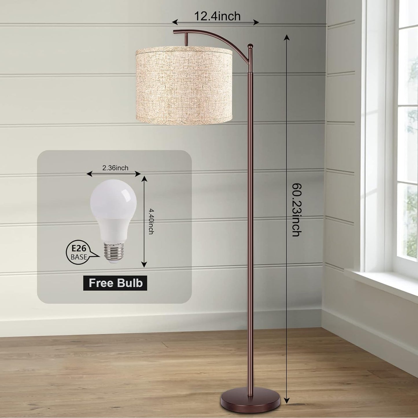 ROTTOGOON Floor Lamp for Living Room with 3 Color Temperatures LED Bulb, Standing Lamp Tall Industrial Floor Lamp Reading for Bedroom, Office (9W LED Bulb, Beige Lampshade Included) -Black