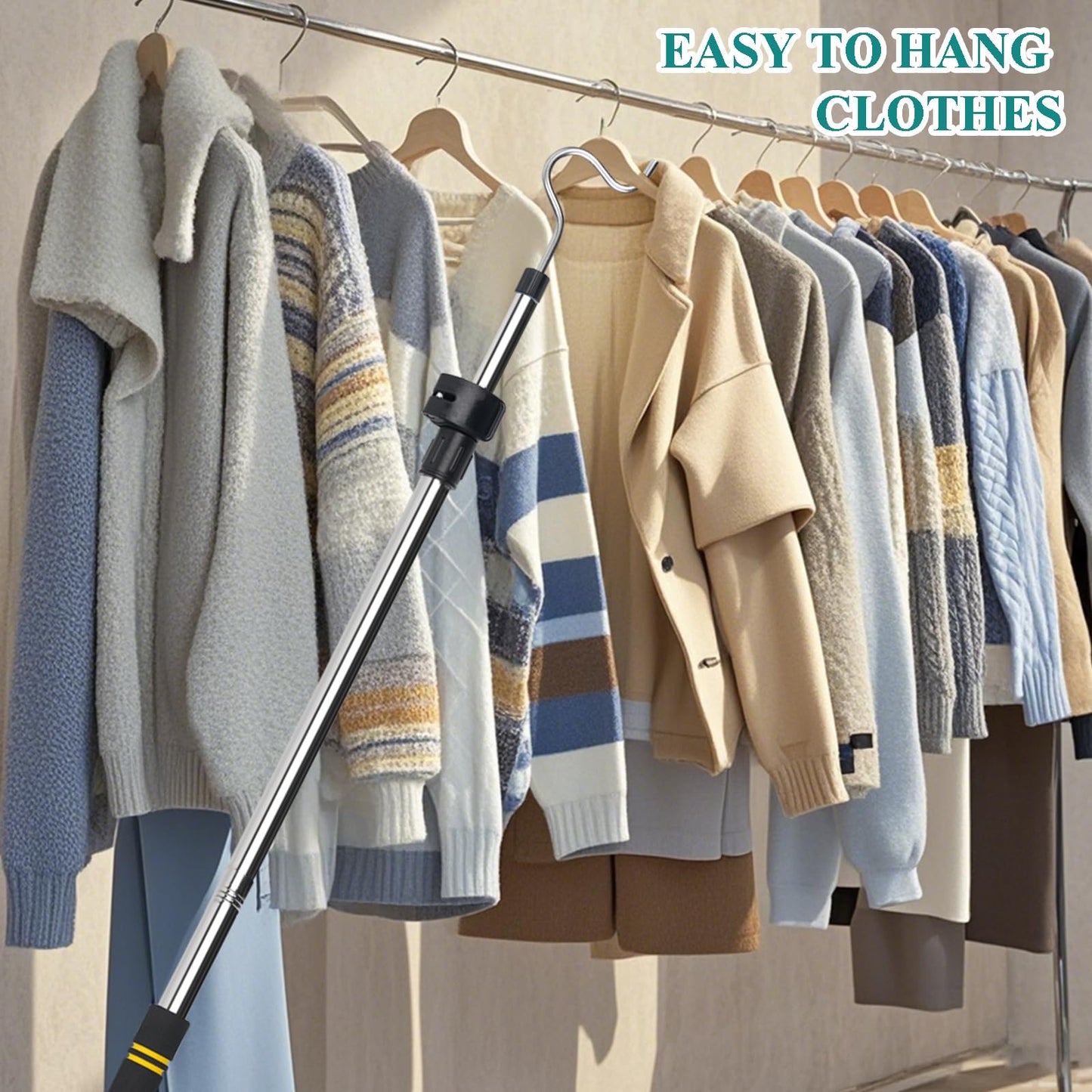 Greeily Clothes Hanger Reaching Hook Telescopic Adjustment clothes hook pole Light and can Extend from 37" to 65" with 4.7 "Hook and Sponge Handle.