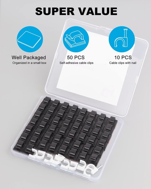60 PCS Adhesive Cable Clips, Upgraded Wall Wire Clips for Cable Management, Strong Cord Clips Wire Holders for The Wall, Under Desk, Christmas Lights, Car, Dash Cam, Ethernet, Electric Wires Small