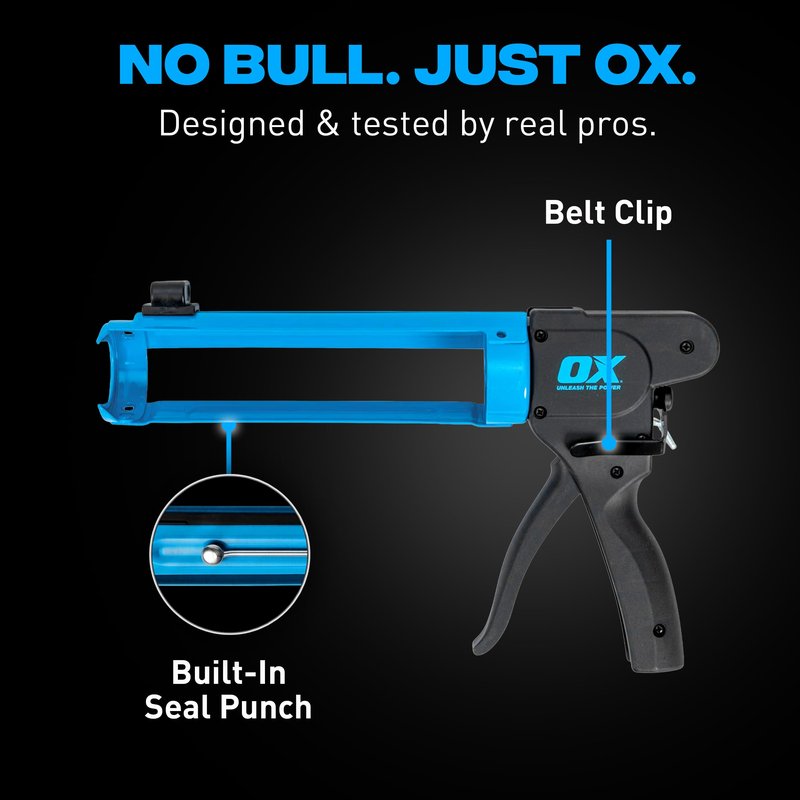 OX Pro Compact Caulk Gun - 10 oz Rodless Manual Caulking Gun Tool - 7:1 Thrust Ratio Designed for Tight Spaces, Includes Belt Clip - Pistola De Silicona