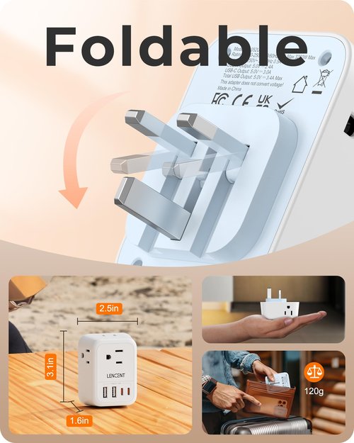 LENCENT Foldable US to UK Ireland Plug Adapter, Type G Travel Outlet Adapter with 4 USB Charger(2 USB C), Power Adaptor for USA to Scotland Dubai Hong Kong England British Kenya London