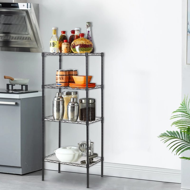 FDW 18L x 12W x 44H Wire Shelves Metal Shelf with 4 PP Sheets Storage Shelves 4 Tier Layer Storage Shelves for Laundry Bathroom Kitchen Garage,Black