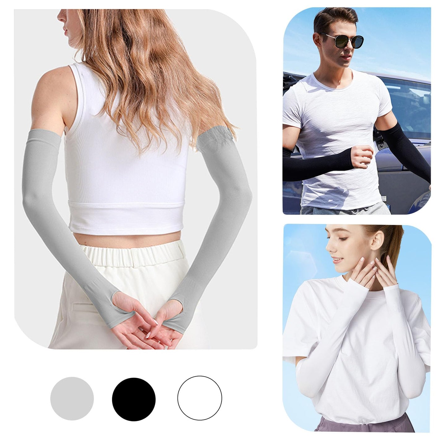 Medsuo 3 Pairs Comfy Arm Sleeves with Thumb Hole Protection Cooling Arm Sleeves 3 Colors Compression Long Women Summer Sun Arm Cover Sleeves Tattoo Cover for Sports Workouts Cycling Driving