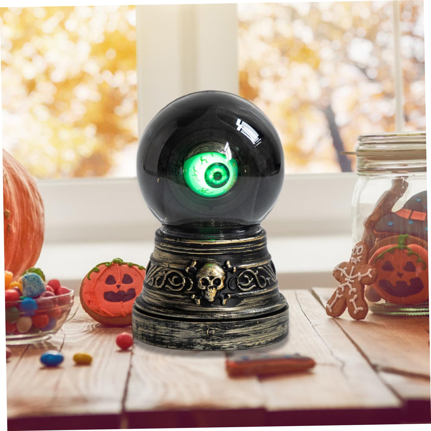 XUEYEGONGJI Halloween Doorbell, Moving Eyeballs Electric Doorbell with Sensor & Skull Base, Funny Scary Halloween Tabletop Decorations Gift
