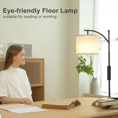 Ambimall 60" Floor Lamp with Remote Control and Stepless Dimmable Bulb, Colors Temperature & Brightness Adjustable, Modern Floor Lamps for Living Room(Beige Shade & Black Pole)