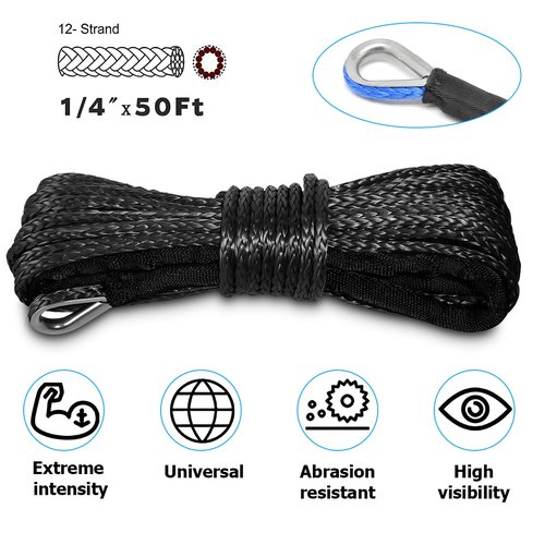 KHGUZ 1/4'' x 50 Ft Car Synthetic Winch Rope Kit, 10000LBS Heavy Duty Vehicle Winch Cable with Protecting Sleeve and Thimble, Automotive Accessories, Universal for Off Road ATV UTV (Black)