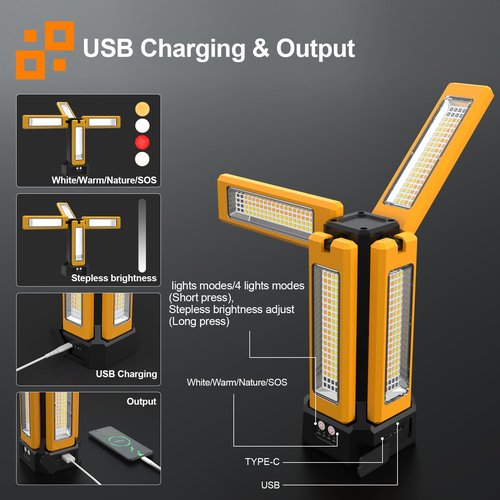 13200mAh Rechargeable Solar Work Light IPX4 Waterproof with Folding Stand and Carrying Bag, AODOO 8000 Lumen Cordless Camping Light, White/Warm/Nature White/RED(SOS) with Detachable Tripod