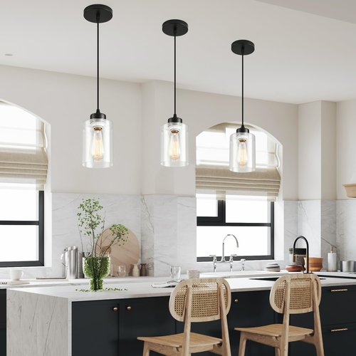 CAFULAM Modern Black Farmhouse Pendant Light with Glass Shade,Industrial Pendant Lighting, Adjustable Hanging Light Fixtures, Farmhouse Pendant Lighting