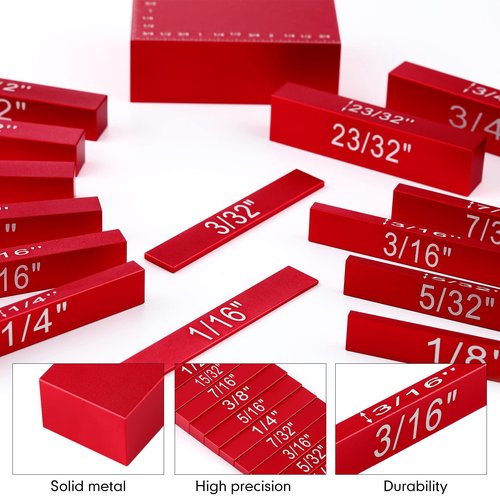 Setup Blocks Height Gauge Set, 15 Pieces Aluminum Block Precision Saw Kit Drill Press Table Router Setup Blocks Woodworking Tool Bars Accessories Laser Engraved Size Markings(Red)