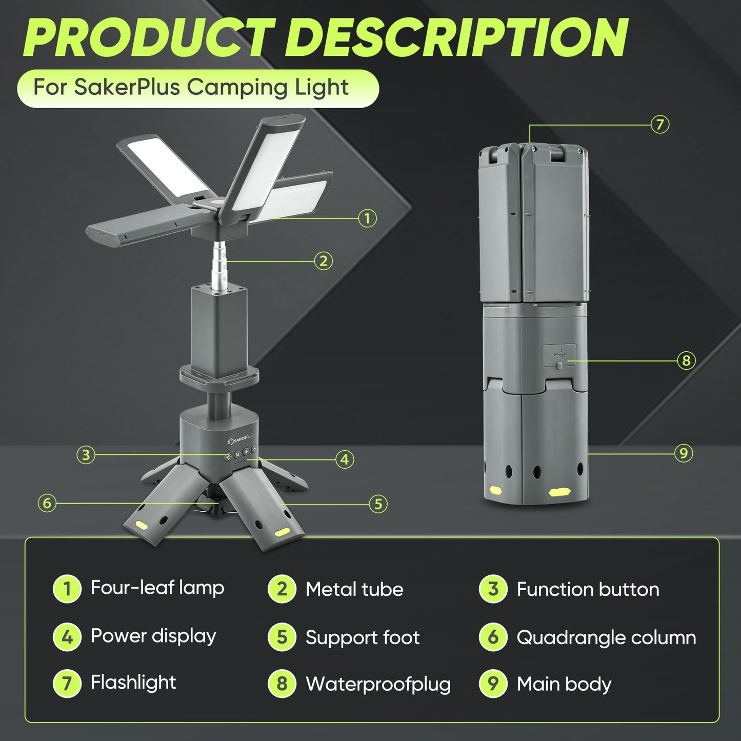 SakerPlus Portable Camping Light, 14000mAh Telescopic Camping Lantern with Rechargeable Power Supply, Dimmable Magnetic Tent Lamps 6000 Lumen Outdoor Work Lights for Hiking,Camping,Home Emergency