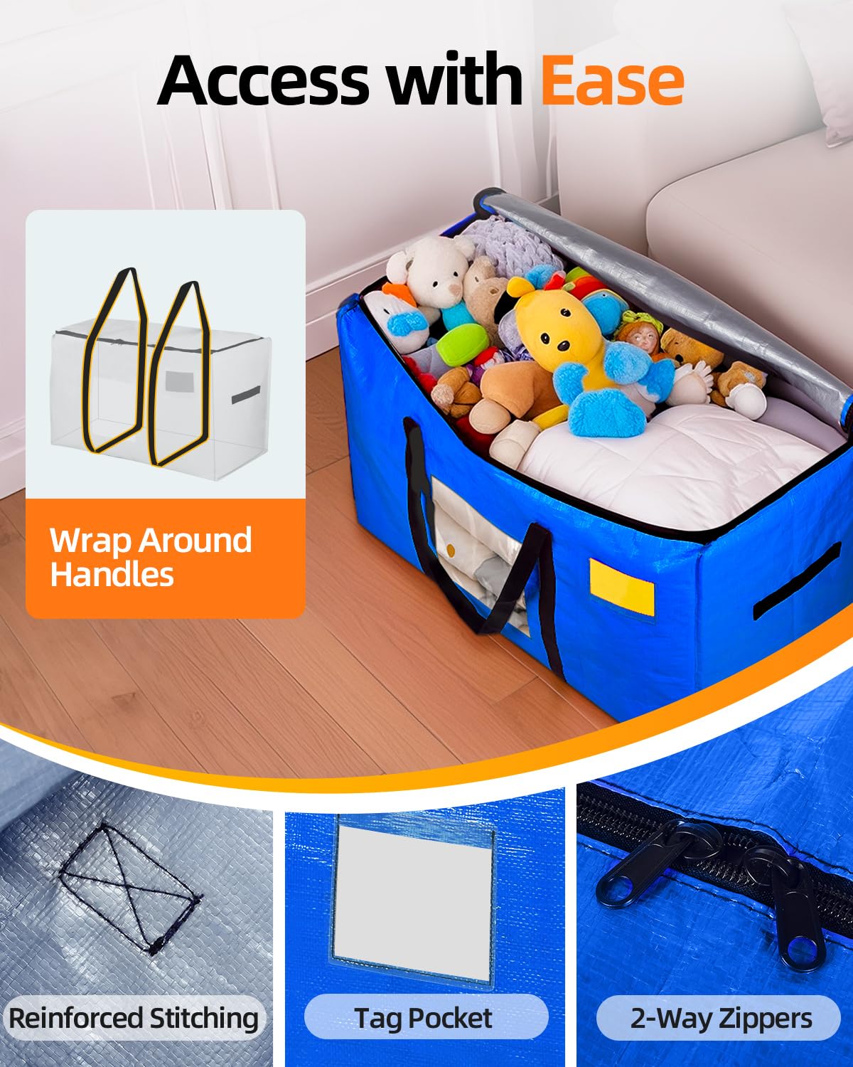AdeaBag Extra Large Moving Bags, 4 Pack Heavy Duty Storage Bags Boxes Bins Totes with Hnadles Zippers Visible Window for Clothes College Dorm Travel, Blue