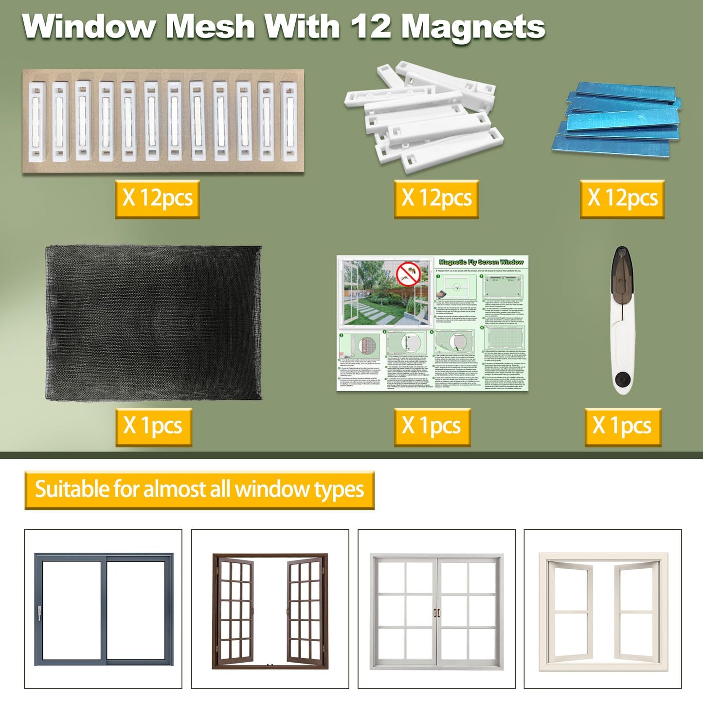 Magnetic Window Screen, Adjustable DIY Window Net Max 59” x 51” with Innovative Magnetic Fastener, Fiberglass Fine Mesh, Window Mesh with 12 Magnets, Mosquito Window Screens for House Windows