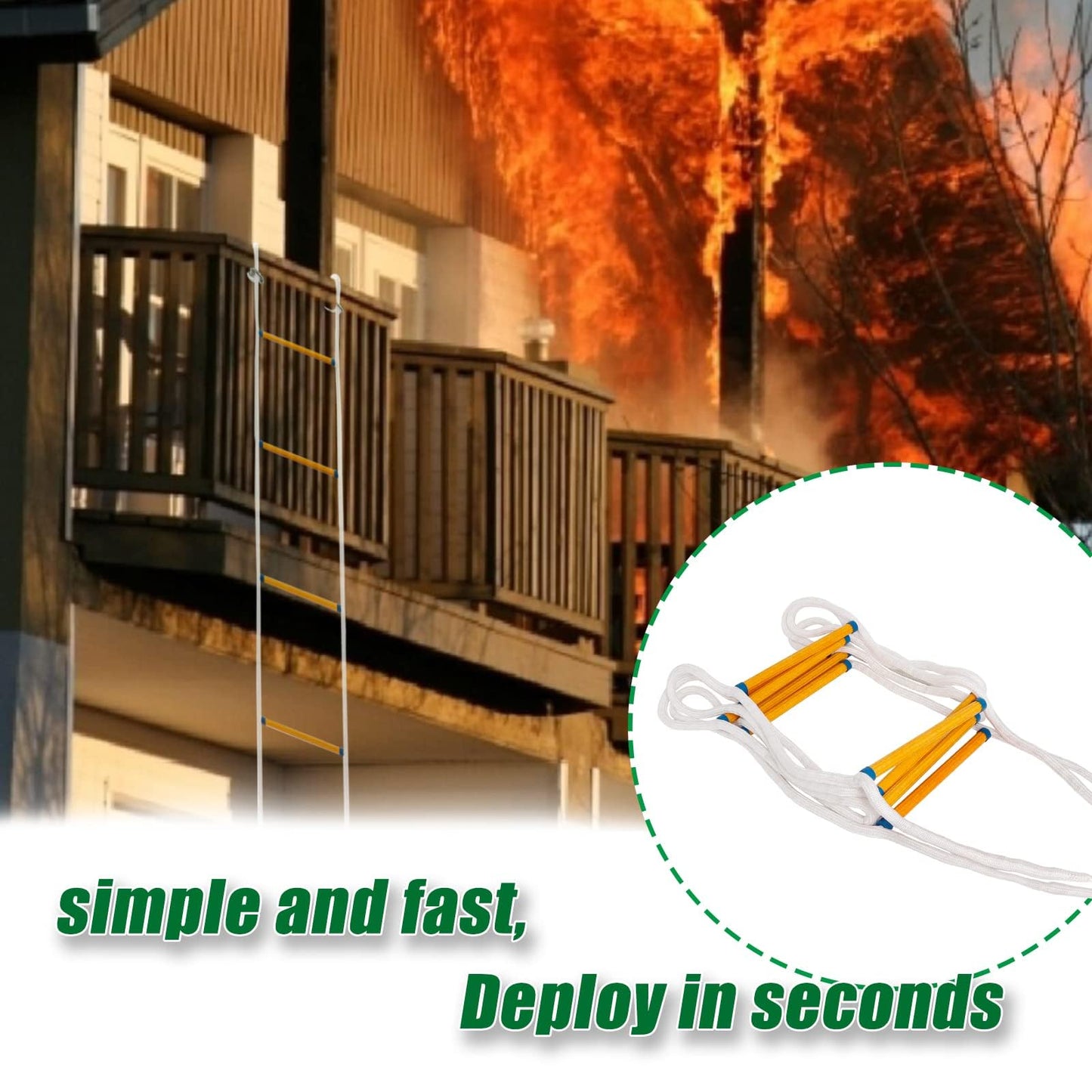 Fire Escape Ladder 2 Story, 16 FT Rope Ladder Fire Escape 2 Story, Portable Rescue Fire Escape Ladders for 2-3 Story Home Window Balcony Railing Treehouse, Weight Capacity up to 2000 Pounds