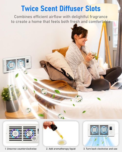 Smart Register Booster Fan for 4" x 10" Vents, Quiet 10-Speed AC Heating Cooling Vent Fan with 2 Scent Diffuser Slots & Remote, 3 Modes, LCD Screen, Thermostat Control, Ideal for Home, Bedroom (White)