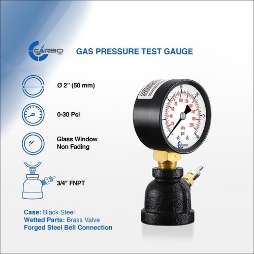 CARBO Instruments Gas Test Pressure Gauge 30 Pound, 30 PSI / 200 kPa, 3/4” FNPT Connection, Brass Valve, Forged Steel Bell Shape Body Assembly.