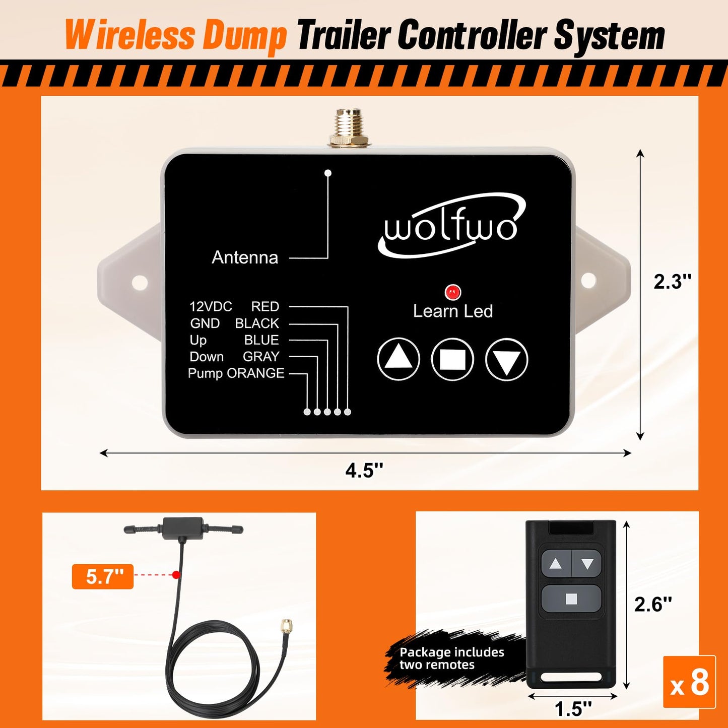 wolfwo Dump Trailer Wireless Remote Controller, for 3-Wire/4-Wire 12V Hydraulic Dump Trailer. 100 Ft. Signal Distance, Safe and Efficient, Easy Installation, with 2 Wireless Remote Controls