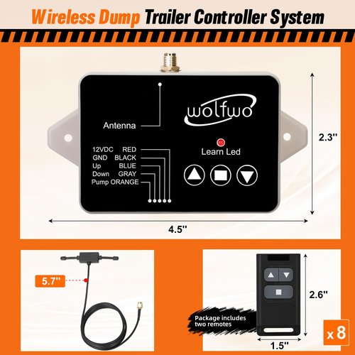 wolfwo Dump Trailer Wireless Remote Controller, for 3-Wire/4-Wire 12V Hydraulic Dump Trailer. 100 Ft. Signal Distance, Safe and Efficient, Easy Installation, with 2 Wireless Remote Controls