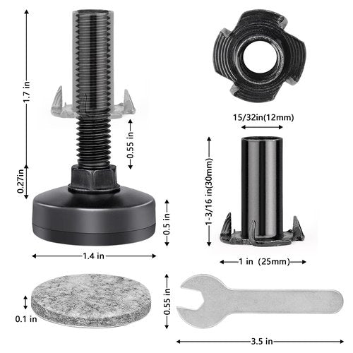 Heavy Duty Furniture Leveling Feet M10 Thread Furniture Levelers Adjustable Furniture Feet w/ T-nut Kit Table Levelers for Cabinet Workbench Chair Sofa and More,Large Base Supports 1320LBs-4 Packs