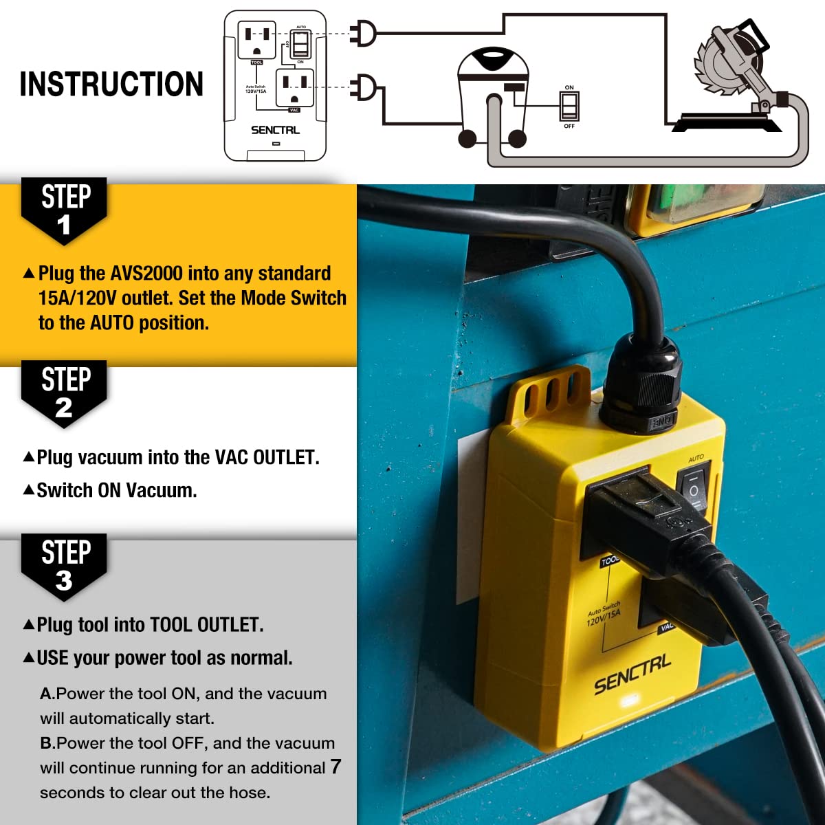 SENCTRL Automatic Vacuum Switch Allow Power Tool/Table Saw to Turn Vac Cleaner/Accessory On and Off Automatically, Load Sensing, On Delay Prevent Circuit Overload, Shop Dust Collector Off Delay