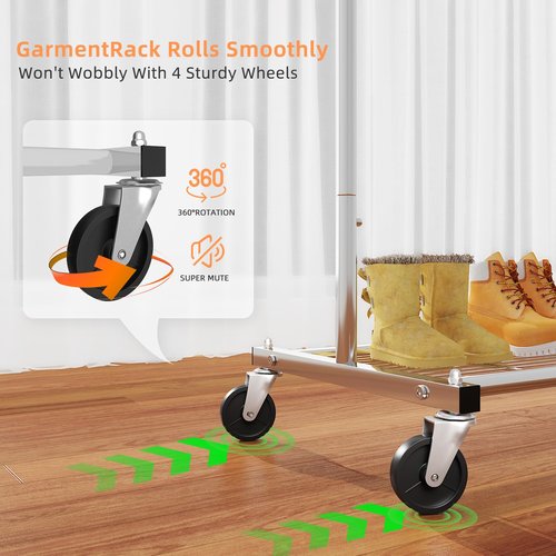 Simple Trending Standard Clothing Garment Rack, Rolling Clothes Organizer with Wheels and Bottom Shelves, Extendable, Chrome