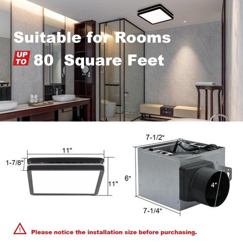 Akicon Bathroom Exhaust Fan with Light, 80CFM 2.0 Sones Exhaust Fan for Bathroom Ceiling, 15W Dimmable 3CCT LED Lights & 3.5W Nightlight Vent Fan for Home, Shower Room, Square, Black