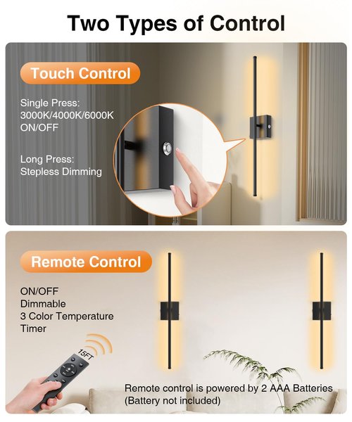 Abovizo 28.3" Battery Operated Wall Sconces Set of Two, 3 Color Dimmable, 15000mAh Rechargeable Wall Sconces Set of 2 with Remote Control, Wireless Wall Lights for Bedroom, Living Room, Hallway