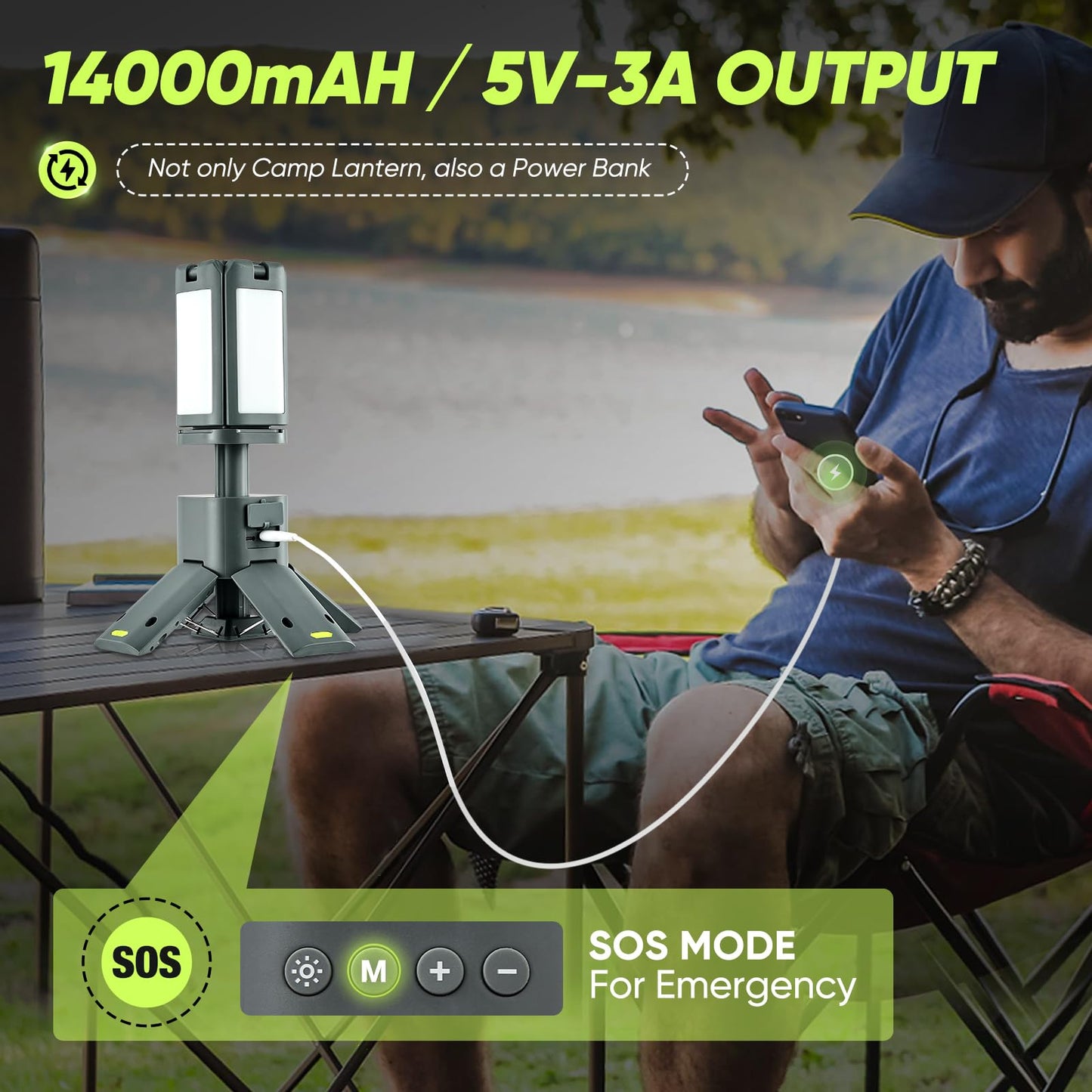 SakerPlus Portable Camping Light, 14000mAh Telescopic Camping Lantern with Rechargeable Power Supply, Dimmable Magnetic Tent Lamps 6000 Lumen Outdoor Work Lights for Hiking,Camping,Home Emergency