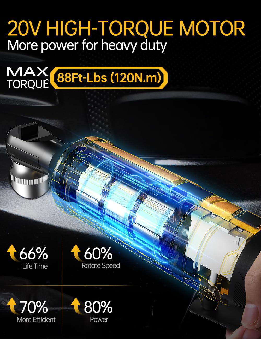 3/8 Inch Cordless Ratchet Wrench, for DEWALT 20V Max Battery, 88Ft-Lbs, 0-400RPM, Electric Ratchet Wrench Set with Variable Speed Trigger, Reinforced Head, R&F Switch, 7 Sockets, 3/8" to 1/4" Adapter