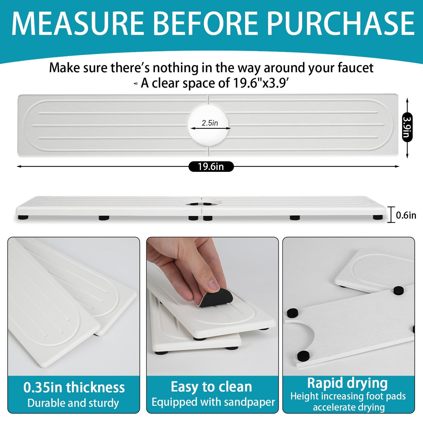Fast Drying Stone Faucet Mat for Kitchen Sink with Raised Feet, Water Absorbent Diatomite Stone Sink Tray, Faucet Sink Splash Guard, Prevents Moisture Buildup, Durable Protector for Bathroom Counter