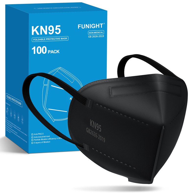 Funight KN95 Face Mask 5-Ply Breathable Filter Efficiency≥95% Protective Cup Dust Disposable Masks Against PM2.5 Black 100 Pack